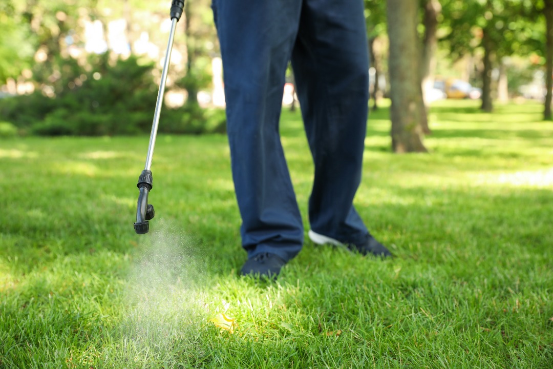 A landscaping professional spraying down weed control to ensure a healthy clean lawn.