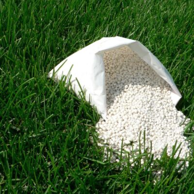 A bag of fertilizer on lush grass ready to be spread out.