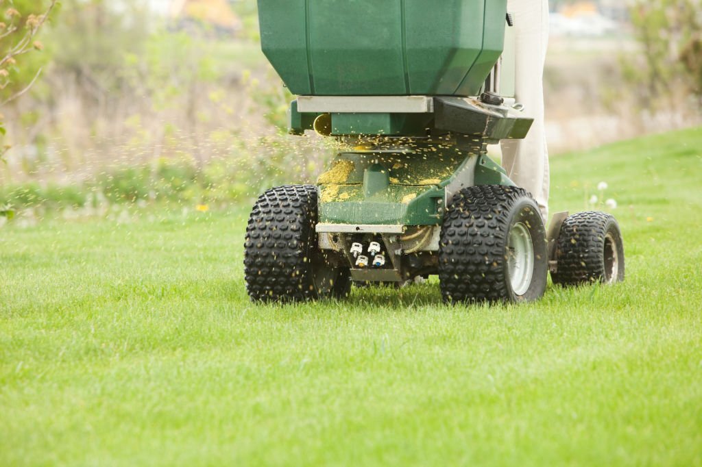 An expert landscaper putting out fertilizer on a lush green lawn to keep it that way.